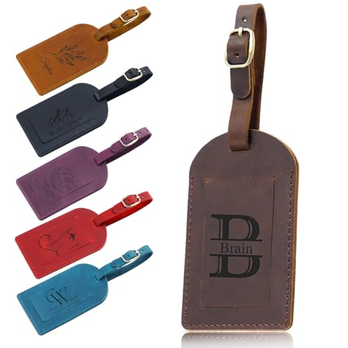 Etiqueta Identificativa Personalizada Para Equipaje De Cuero Auténtico, Etiqueta Para Maleta Con Nombre Grabado A Medida,Etiquetas De Cuero Para Equipaje De Mano,Regalo Para Hombres Y Mujeres(Coffee)