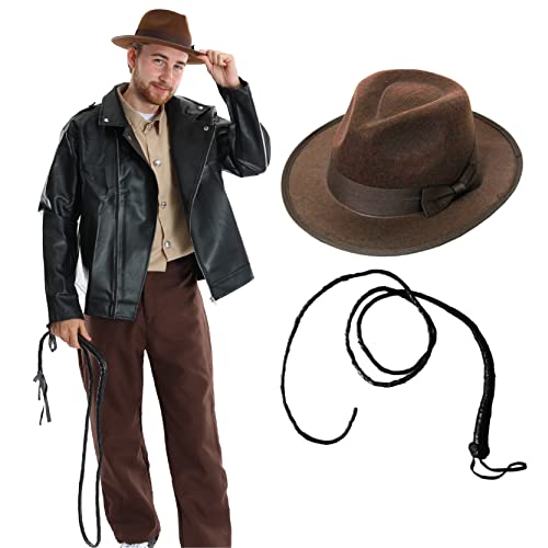 Erwachsene Explorer Zubehör Set - Braune Entdeckermütze und schwarze Peitsche - Erwachsene TV/Film Abenteurer Kostüm Erwachsene Explorer Zubehör Set - Braune Entdeckermütze und schwarze Peitsche - Erwachsene TV/Film Abenteurer Kostüm