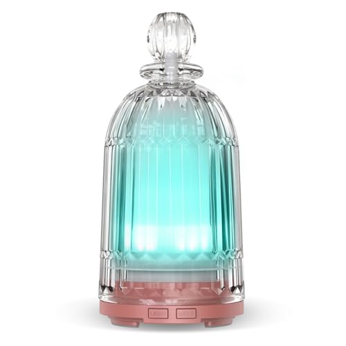 DOUDING 120ml Glass Essential Oil Diffuser, Ultrasonic Aroma Diffuser Glass Cover & Plastic Reservoir with Auto Shut-Off 7 Colors LED Lights for Home Office Bedroom(Bronze Base)