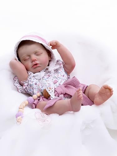 Image of Reborn Baby Dolls Girl, 20 Inch Realistic Full Vinyl Baby Doll | With purple floral romper and accessories, lifelike hand-painted details, for pretend play, gifting, and collecting