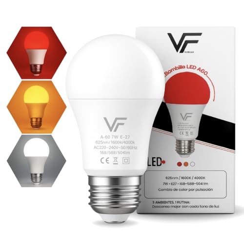 VERLSA Bombilla Led 3 Tonalidades - E27, 7w - Luz Roja Nocturna Melatonina 625nm, Ámbar 1600k y Blanca 4000k - 0% Luz Azul - Bombilla Roja Flicker Free - Relajante Para Bebé/Lactancia y Adultos