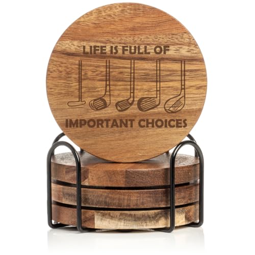 Four acacia wood coasters in a matching holder, each printed with a short golf line