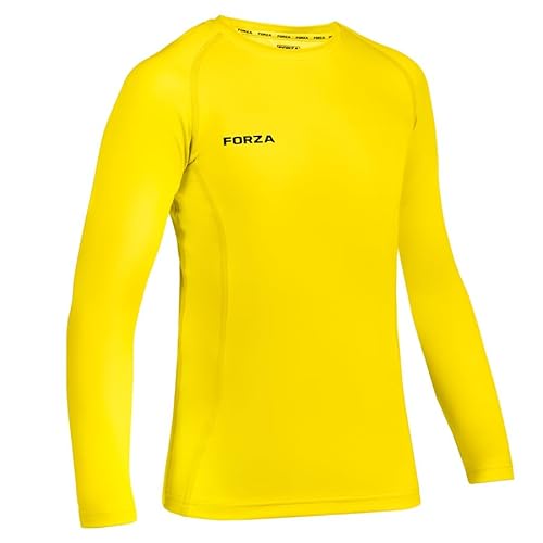 FORZA Junior Boys’ Base Layer Long Sleeve Top | Moisture Wicking, 4‑Way Stretch Compression Undershirt for for All Sports | Multiple Sizes and Colours Available (Yellow, Age 9-10 (Junior))