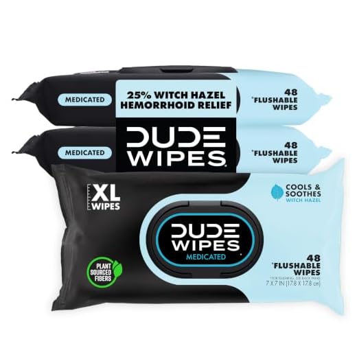 DUDE Wipes Medicated Flushable Wipes - 3 Pack, 144 Wipes - Unscented Extra-Large Wipes with Maximum Strength Medicated Witch Hazel - Septic and Sewer Safe Medicated Wipes