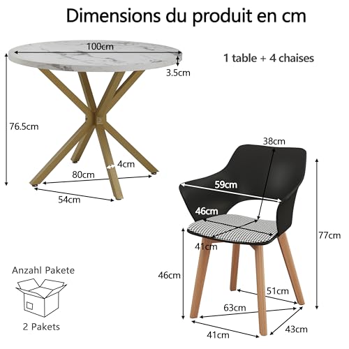 Mesa de comedor redonda de 100cm con 4 sillas de madera tapizadas efecto mármol 7