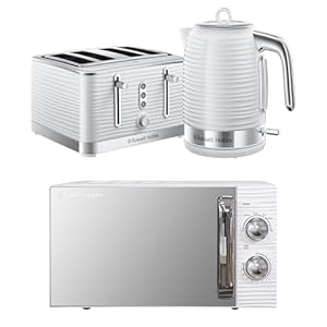 Russell Hobbs Inspire White Kitchen Set, 1.7L 2400W Kettle, 4 Slice Toaster with Variable Browning Levels & 17L 700W Microwave with 5 Power Levels, Defrost & Reheat Functions INSPBNDL4W