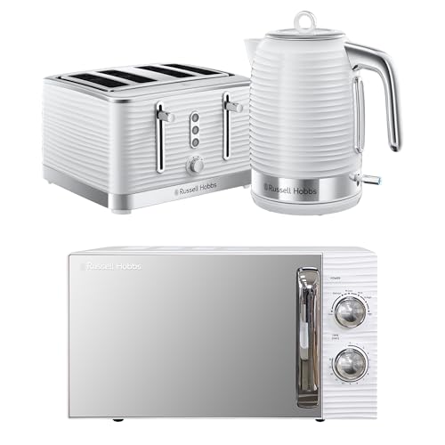 Russell Hobbs Inspire White Kitchen Set 1.7L 2400W Kettle 4 Slice Toaster with Variable Browning Levels & 17L 700W Microwave with 5 Power Levels Defrost & Reheat Functions INSPBNDL4W