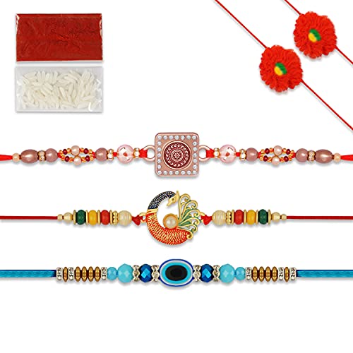 IndoTribe 7pc Premium Rakhi Set Rakhi for Brother and Bhabhi 3 Pc Rakhi Bracelet + 2 God Rakhi Bracelet + Roli Rice Tika Rakhee for Brother Raksha Bandhan Bracelet Bhaiya Bhabhi Rakhi Bracelet Combo