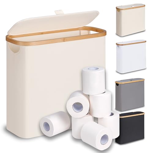 efluky 28L Toilettenpapier Aufbewahrung Korb mit Deckel, Bambus Toilet Paper Organizer Badezimmer Organizer, Klopapier Aufbewahrung für 9-12 Rollen Klopapier, Perfekt für Enge Räume (Beige)