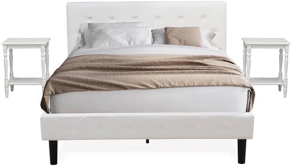 East West Furniture NL19Q-2BF14 3 Piece Queen Size Bedroom Set - Button Tufted Bed frame with Button Tufted - Linen white Velvet Fabric Upholstered Headboard and an Urban Gray Finish Nightstand