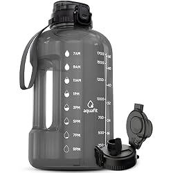 AQUAFIT Half Gallon Water Bottle with Time Marker - Straw & Chug Lid - BPA Free Gym Water Bottle with Straw - Big Gallon Jug (Gray, 64 oz - 2in1 Lid)