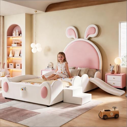 LANTRO JS Kinderbett 90x200cm, Kinderbett Mädchen mit Hasenohren Kopfteil, Prinzessin Bett Kleiner Treppe und Kinder Rutsche, PU Polsterbettohne Matratze, Weiß und Rosa