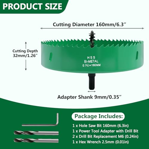Image of 6.3 Inches /160mm Bi-Metal Hole Saw with Arbor & Pilot Bit