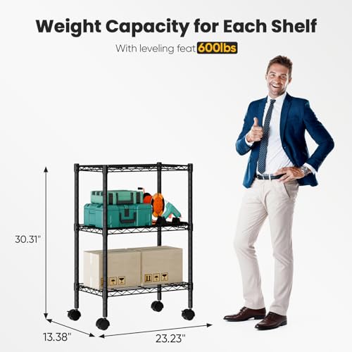 Image of DUMOS 3-Tier Metal Wire Storage Shelves, Adjustable Standing Storage Rack Shelf with Wheels, Heavy Duty Steel Shelving Unit Organizers for Kitchen Bathroom Pantry Garage, 23.1 inch Wx13.4 Dx30.2 H, Black