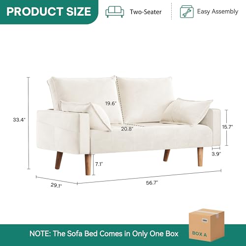 DWVO 56" Loveseat Sofa, Velvet Fabric Sofa Couch for Small Space, Modern Loveseat with Button Tufted Seat and Side Storage Pockect, 2 Seater Couch for Living Room Bedroom, 2 Pillows Included, Beige