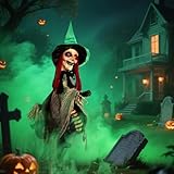 Halloween LED Light-Up Flying Witch on Broomstick, Realistic Sound & Motion, Scary Hanging Animated Decoration with Kicking Legs for Yard, Party, Haunted House