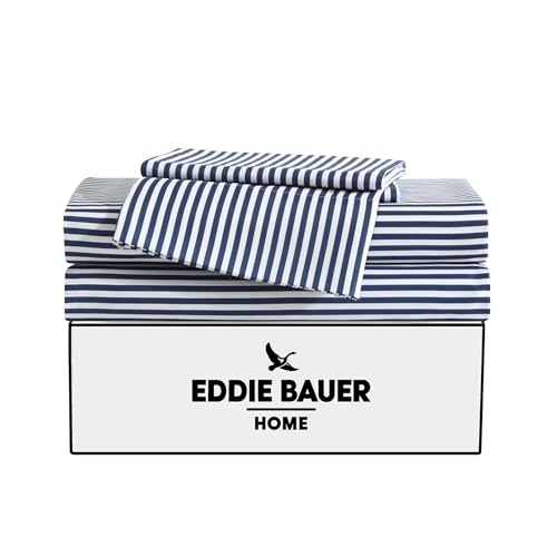 Image of Eddie Bauer Kids - Full Sheets, Stain-Resistant Toddler Bedding with Matching Sham(s), Super Soft, Ideal Boy Room Essentials (Vivid Stripe Blue, Full)