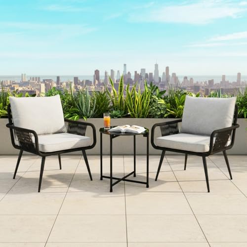 Image of DEVOKO Outdoor Rope 3-Piece Patio Set with Water-Resistant Cushions Perfect for Outdoor Entertaining and Relaxing on Your Patio, Balcony, Garden, Terrace, Deck (Black and Grey)