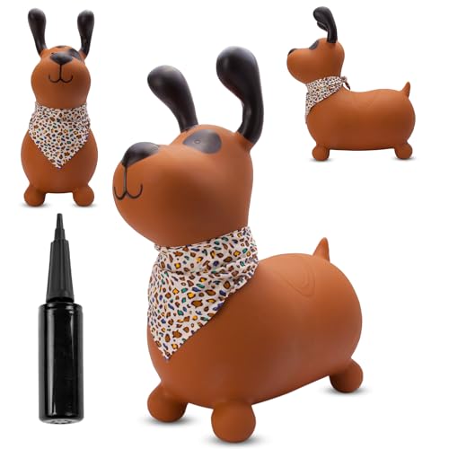 sun baby Hüpftiere ab 1 Jahr mit Pumpe aufblasbares Hüpfspielzeug aus Hochwertigem und Strapazierfähigem Gummi, Verschiedene Designs (Brauner Hund mit Bandana)