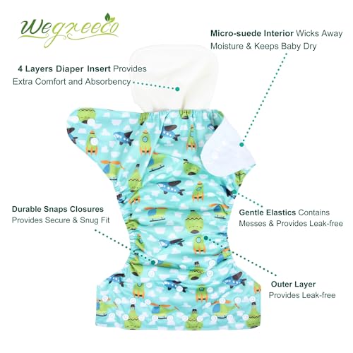 image for wegreeco Cloth Diapers 6 Pack with 6 Inserts & 1 Wet Bag, Washable Clo