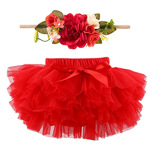 Hoolchean Infant Toddler Baby Girls Super Soft Fluffy Tutu Skirt And Headband Set With Diaper Cover Bloomer Red 2, 1-2T #TOP4