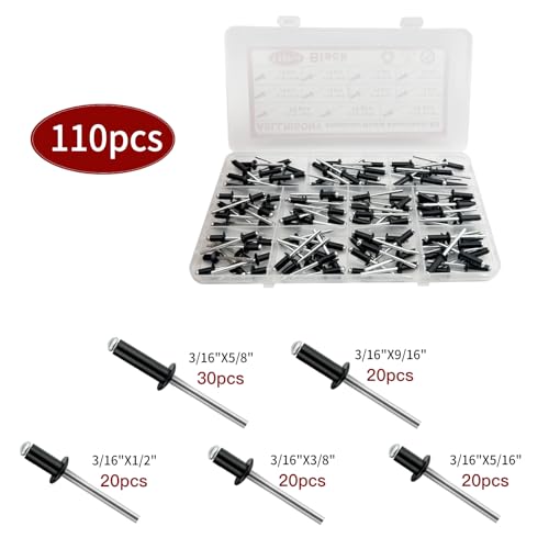 Image of 110Pcs Black 3 /16 Inches Pop Rivets Assortment Kit,5 Sizes Aluminum Rivets,Aluminum blind pro Rivets for DIY /Metal /Furniture /Instruments