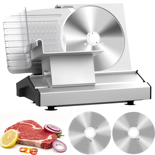 Meat Slicer Machine for Home, 250W Bread Slicer with 2 x 22cm Stainless Steel Blades, 0-20mm Adjustable Thickness, Non-Slip Electric Slicers with Food Pusher for Meat, Cheese, Bread, Deli