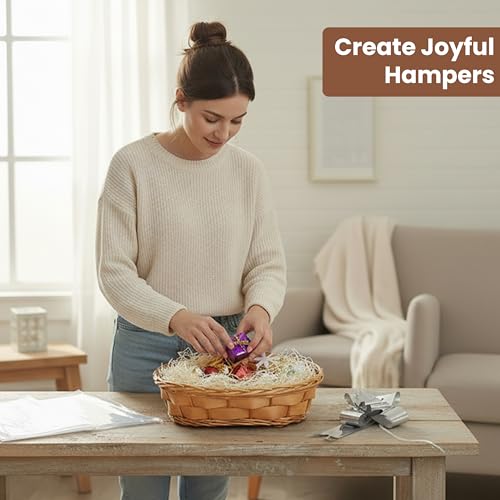 H-Line Christmas Hamper Basket Oval Wicker Gift Basket With Cellophane Wood Shred Bow Set Wicker Gifts Hamper Natural Split Willow Baskets Decorative Empty Gift Basket For Christmas(Oval,Natural) - 3