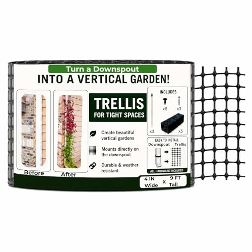 Downspout Trellis for Rain Gutters and Downspouts 9 ft x 4 in Climbing Plant Support HDPE Mesh with Mounting Hardware for Clematis and Vines, Scroll Trellis 1-Pack