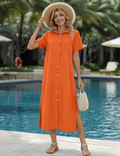 Image of HOTOUCH Womens Dress Summer Casual Midi Short Sleeve Button Down Shirt Dresses Loose Beach Cover Up with Pockets