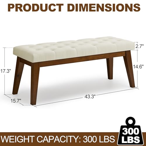 Image of WUTUTUEE 43.5'' Linen Bedroom Bench, Upholstered End of Bed Bench with Tufted Button, Padded Vintage Dining Bench, Entryway Bench with Solid Wood Legs, Kitchen, Living Room, Hallway, Beige Tufted