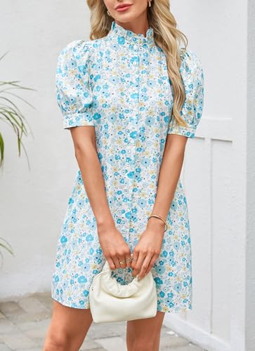 Image of Ladyful Women's Summer Floral Shift Short Sleeve Button Front Mini Dress | puff sleeve, ruffle stand neck, boho style, beach vocation, 100% cotton, loose fit, shirt sundress