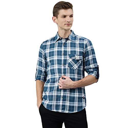 Image of Thomas Scott Men's Polyester Checkered Slim Fit Casual Shirt with Spread Collar and Long Sleeve (TS1045 Wood)