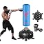 blue puching bag with boxing gloves