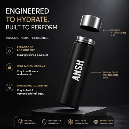 Image of Speedex Customized Black Stainless Steel Water Bottle 1 Ltr Single Wall | Personalised Name Printed Customised Water Bottle | BIS Approved | Reusable Bottle for Kids & Adults, School, Office & Travel