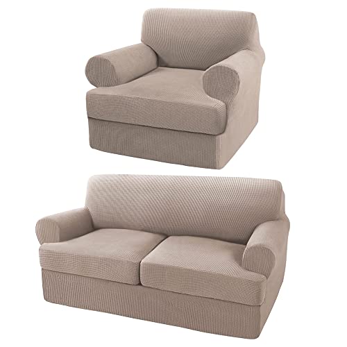Turquoize 3 Pieces Sofa Covers for 2 Individual T Cushion Couch Sofa Slipcover Bundle 2 Pieces Chair Slipcover, Sand
