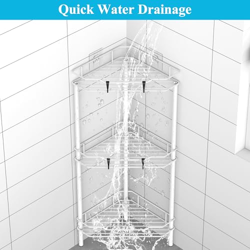 Image of HuggieGems 3 Tier Floor Standing Corner Shower Caddy Organizer Shelf with Hooks, Bathroom Shelves Stand Rack, White