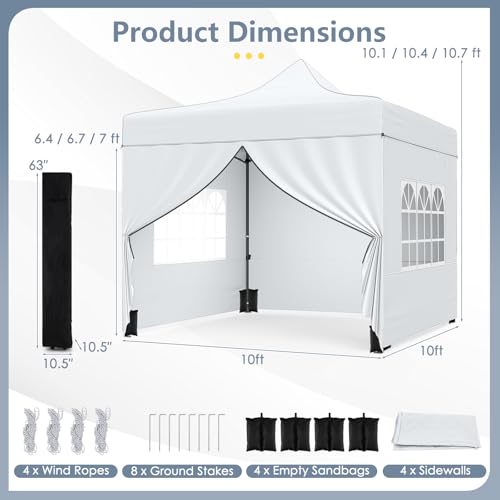 Image of Tangkula 10x10 FT Pop Up Canopy, Outdoor Tent with 4 Removable Sidewalls, Carbon Steel Frame, 4 Sandbags, 8 Stake & 4 Ropes, Wheeled Bag, Portable Canopy Tent for Party Event Camping (White)