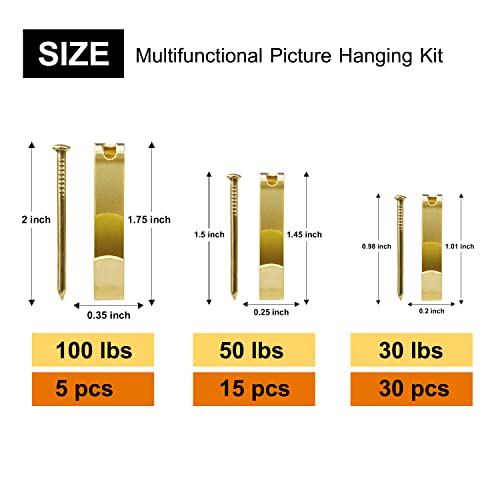 Image of 50pcs Picture Hangers with Different Sizes, Heavy Duty 30-100lbs Picture Hanging Hooks with Nails, Wall Hangers,Picture Hooks,Professional Plaster Picture Hanging Kit for Wooden Wall or Drywall