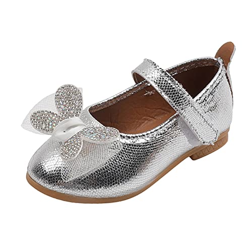 JUNLAI Verão e outono moda meninas sapatos casuais cor sólida laço malha strass plano (prata, 5-5,5