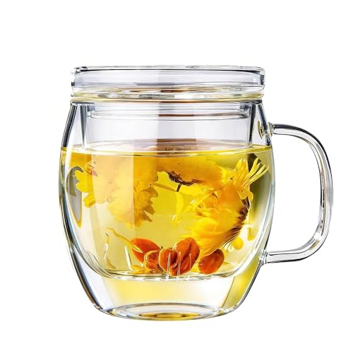 TOFOAN Tasse à Thé en Verre avec Infuseur et Couvercle, 500 ml Grande Tisanière en Verre Borosilicate, Mug à T