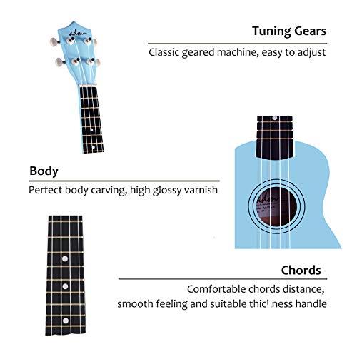 Adm Soprano Ukulele For Beginners 21 Inch Hawaiian Wood Ukelele Kit For Kids Adult Student Starter Professional Ukalelee Pack Bundle With Free Lessons Gig Bag Strap Nylon String Tuner Pick, Blue #TOP2