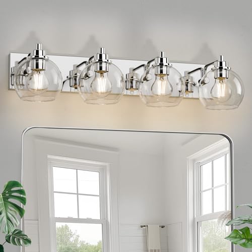 Image of 4 Light Bathroom Light Fixtures-Chrome Bathroom Vanity Lights, Modern Vanity Lights 4-Light Bathroom Lighting Fixtures Over Mirror with Clear Glass Globe Shade