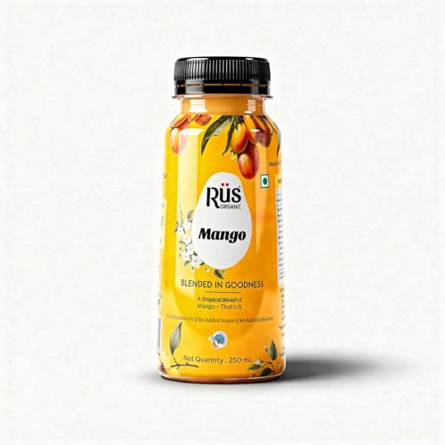 Image of Rus Organic Mango Juice | Natural Fresh Alphonso Mango Fruit Juice | Cold-Pressed | Pack of 8 (250ml Each) | No Added Sugar or Preservatives | Rich in Antioxidants | Refreshing Drink
