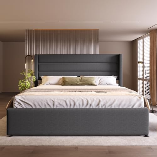 Kayan Stauraumbett Polsterbett Hydraulisch Doppelbett 180x200cm, Lattenrost aus Holz, Bett mit Lattenrost aus Metallrahmen, Leinen (Grau, 180x200cm)