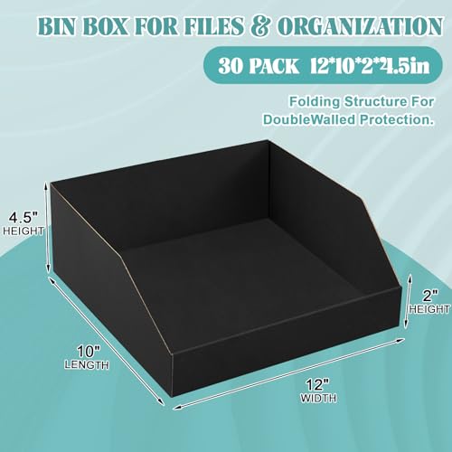 Image of Fuyoooo 30 Pack 12 x 10 x 4. 5 Inches Cardboard Storage Bins Open Top Bin Boxes Black Corrugated Shelf Organizer Bins for Pantry, Parts, Garage, Snacks, Bottles, Cans or Warehouse Home Cubby