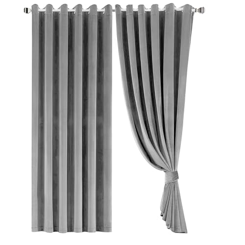 Image of Opulent Dreams Crushed Velvet Curtains - Fully Lined & Room Darkening - Eyelet Ring Top for Bedroom & Living Room - Includes Two Tie Backs - Pair of Panels (Grey, 90" x 90" (229 x 229 cm))