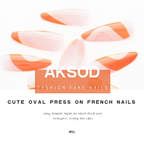 Aksod Glossy Almond Press On Nails Orange Long False Nails Designed Cute Line Full Cover Artificial Fake French Nails Tips For Women And Girls 24Pcs (Style F) #TOP3