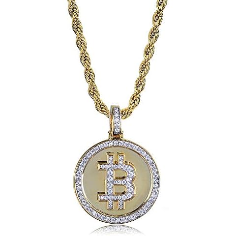 AZHOME - Iced Out Round Bitcoin Pendant Necklace Jewelry Gifts - 24inch Chain Silver Color Cover