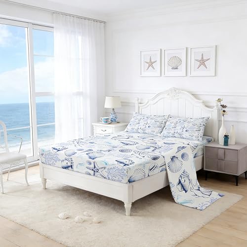 Homewish Coastal Sheet Set Twin Size,Beach Seashell Starfish Coral Bedding